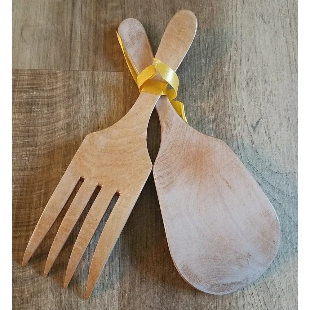 Vintage Kitchen Kitsch Decor Wood Salad Servers Utensils Fork and Spoon Cottage‎